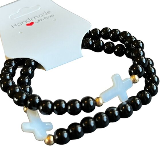 Charmze Stackable Stretch Faith Cross Black Glass Beaded Bracelet Set NEW - Picture 1 of 2